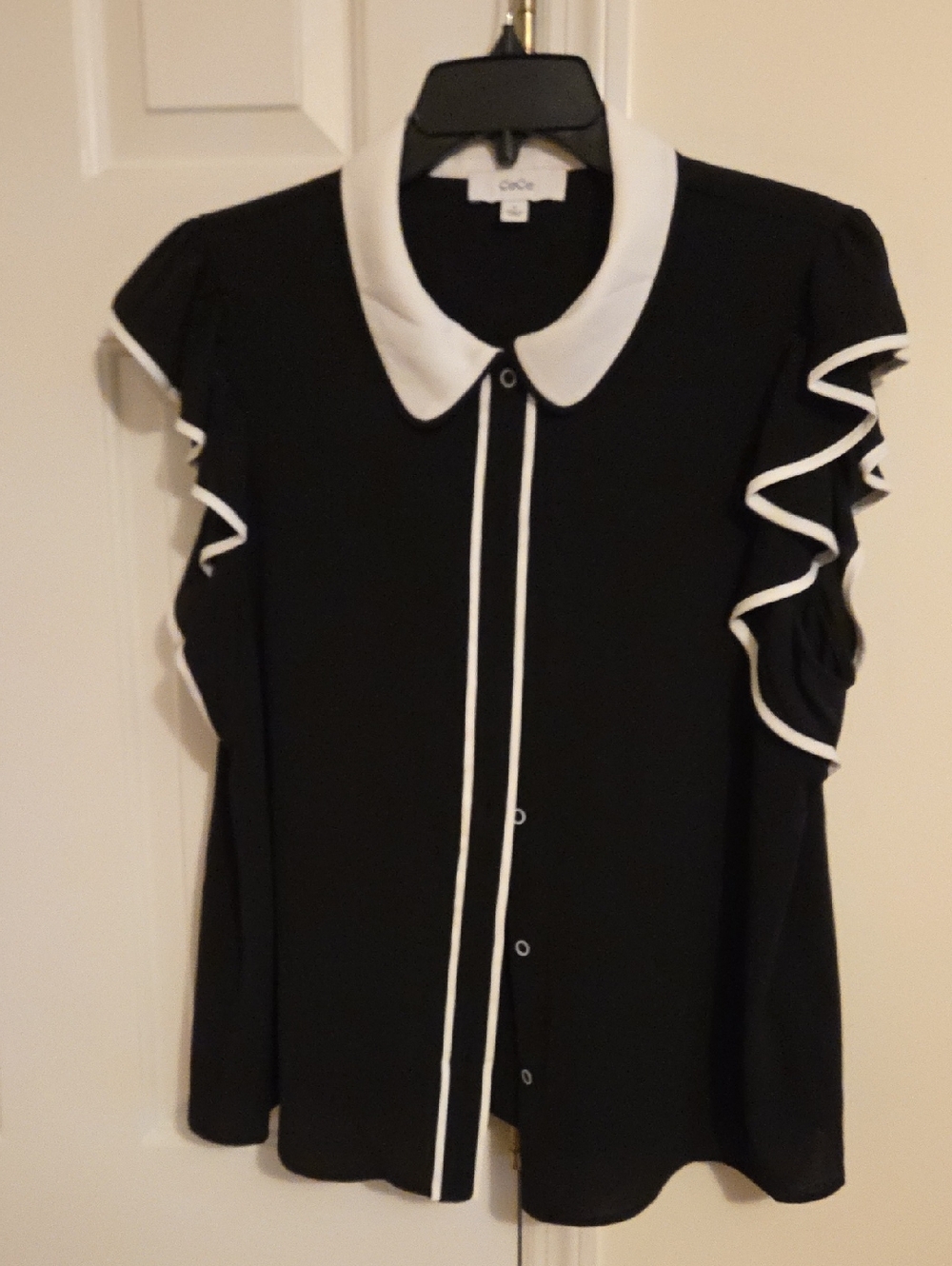 CeCe White-Trim Black Ruffle Sleeve Blouse -